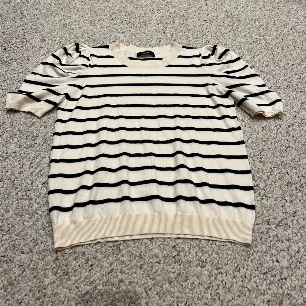 Dokotoo Striped Puff Sleeve Sweater L Cream Black Preppy Casual